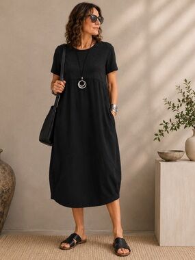 Women's Black Midi Dress - Classic Short Sleeve
